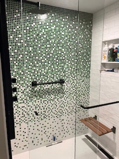 Modwalls Brio Glass Mosaic Gradient Tile | Forest Gradient | Pictured installed in a shower | Colorful Modern & Midcentury glass tile for kitchens, bathrooms, backsplashes, showers, pools & outdoors.