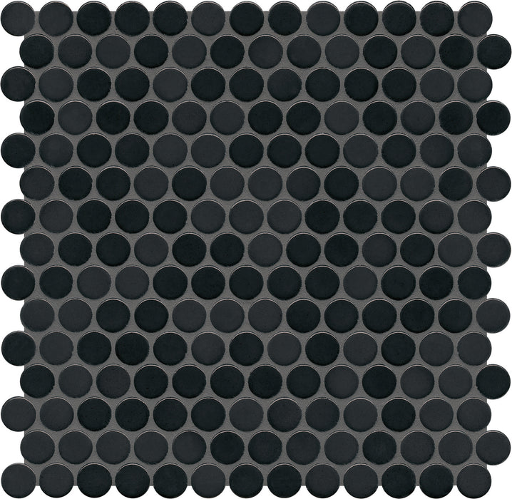 Modwalls PopDotz Porcelain Penny Round Tile | 1” Gloss | Anise Blend | Black | Colorful Modern & Midcentury tile for bathrooms, kitchens, backsplashes, showers, floors, pools & outdoors.