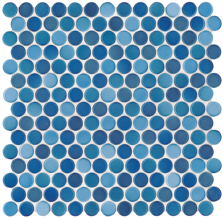Modwalls PopDotz Porcelain Penny Round Tile | 1" Gloss | Berry Blend | Blue | Colorful Modern & Midcentury tile for bathrooms, kitchens, backsplashes, showers, floors, pools & outdoors.