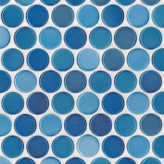 Sample of Modwalls PopDotz Porcelain Penny Round Tile | 1” Gloss | Berry Blend | Green | Colorful Modern & Midcentury tile for bathrooms, kitchens, backsplashes, showers, floors, pools & outdoors.