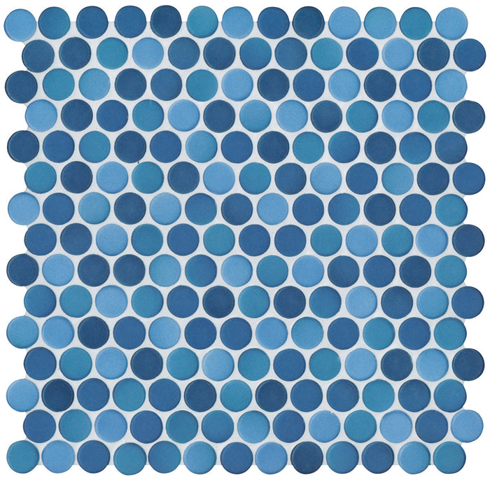Modwalls PopDotz Porcelain Penny Round Tile | 1" Gloss | Berry Blend | Blue | Colorful Modern & Midcentury tile for bathrooms, kitchens, backsplashes, showers, floors, pools & outdoors.