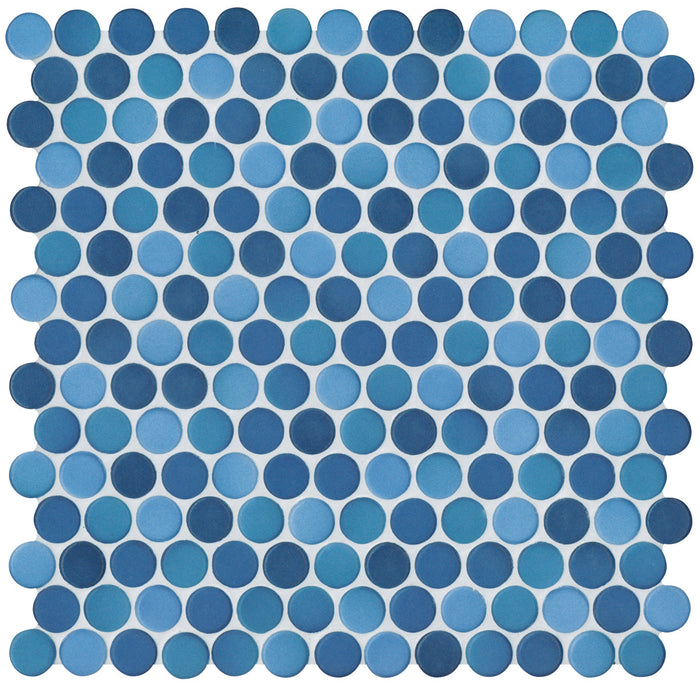 Modwalls PopDotz Porcelain Penny Round Tile | Berry Blue | Colorful Modern & Midcentury tile for bathrooms, kitchens, backsplashes, showers, floors, pools & outdoors. 