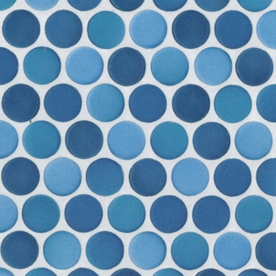 Sample of Modwalls PopDotz Porcelain Penny Round Tile | 1” Matte | Berry Blend | Blue | Colorful Modern & Midcentury tile for bathrooms, kitchens, backsplashes, showers, floors, pools & outdoors.
