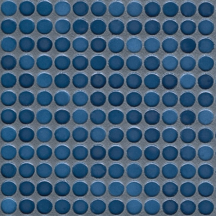 Sample of Modwalls PopDotz Porcelain Penny Round Tile | 1/2” Gloss | Blueberry Blend | Blue | Colorful Modern & Midcentury tile for bathrooms, kitchens, backsplashes, showers, floors, pools & outdoors.