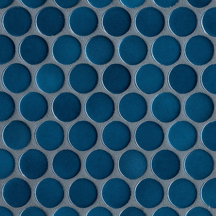 Sample of Modwalls PopDotz Porcelain Penny Round Tile | 1” Gloss | Blueberry Blend | Blue | Colorful Modern & Midcentury tile for bathrooms, kitchens, backsplashes, showers, floors, pools & outdoors.