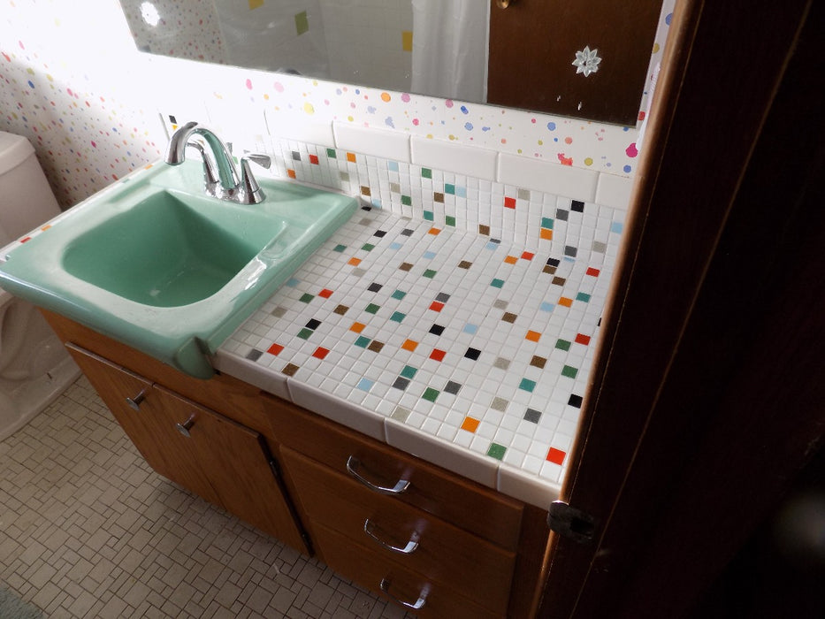 Modwalls Brio Glass Mosaic Tile | Atomic Blend | Pictured in a bathroom installation |  Colorful Modern & Midcentury glass tile for kitchens, bathrooms, backsplashes, showers, pools & outdoors.