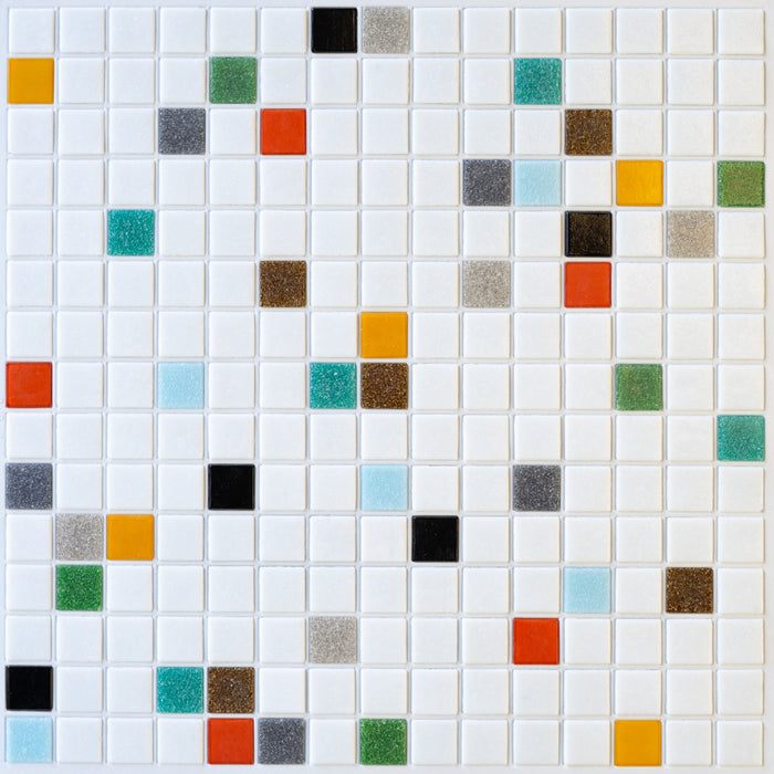 Modwalls Brio Glass Mosaic Tile | Atomic Blend | Multicolor blend of white, red, orange, black, green, blue and gray | Colorful Modern & Midcentury glass tile for kitchens, bathrooms, backsplashes, showers, floors, pools & outdoors.