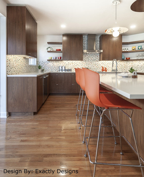 Modwalls Brio Glass Mosaic Tile | Atomic Blend | Pictured on a kitchen backsplash | Colorful Modern & Midcentury glass tile for kitchens, bathrooms, backsplashes, showers, pools & outdoors.