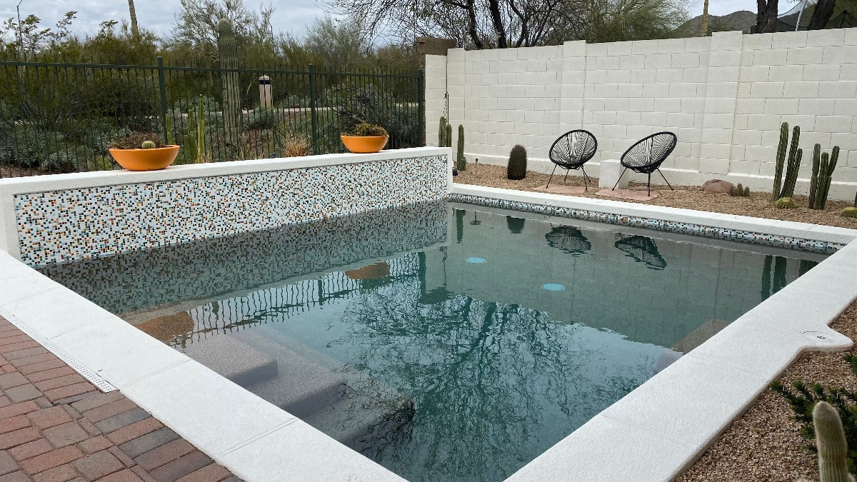 Modwalls Brio Glass Mosaic Tile | Atomic Blend | Pictured in a pool installation | Colorful Modern & Midcentury glass tile for kitchens, bathrooms, backsplashes, showers,, pools & outdoors.