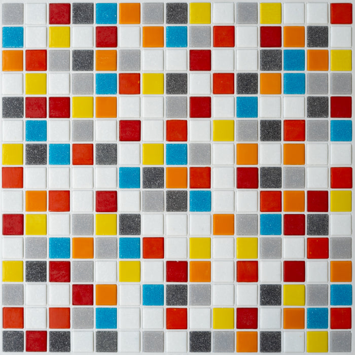 Modwalls Brio Glass Mosaic Tile | Austin Blend | Multicolor blend of white, red, yellow, gray, orange and blue | Colorful Modern & Midcentury glass tile for kitchens, bathrooms, backsplashes, showers, floors, pools & outdoors.