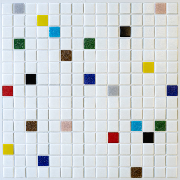 Modwalls Brio Glass Mosaic Tile | Bayview Blend | Multicolor blend of white, black, brown, blue, green, yellow and pink | Colorful Modern & Midcentury glass tile for kitchens, bathrooms, backsplashes, showers, floors, pools & outdoors.