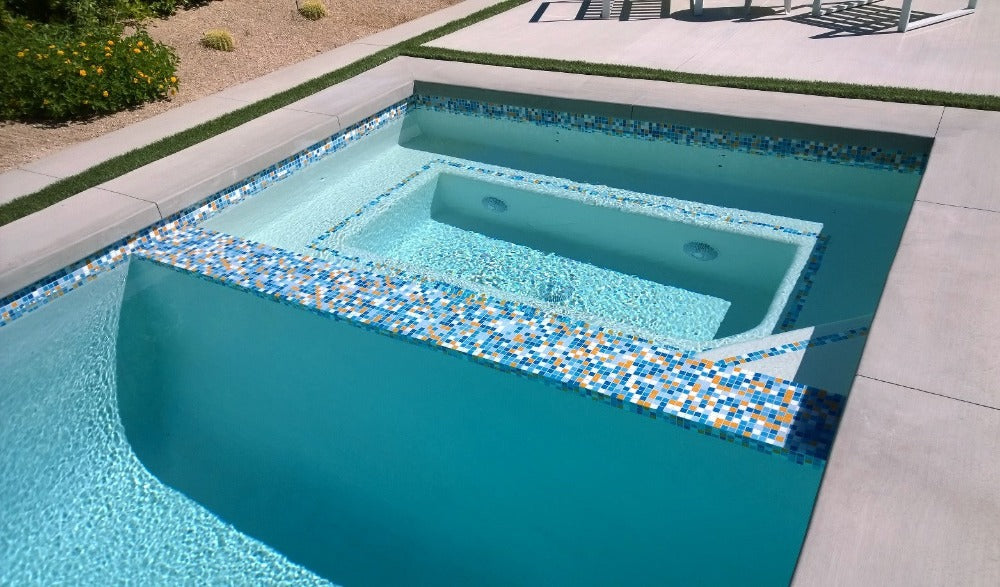 Modwalls Brio Glass Mosaic Tile | Santa Monica Blend | Pictured in a pool installation | Colorful Modern & Midcentury glass tile for kitchens, bathrooms, backsplashes, showers, pools & outdoors.