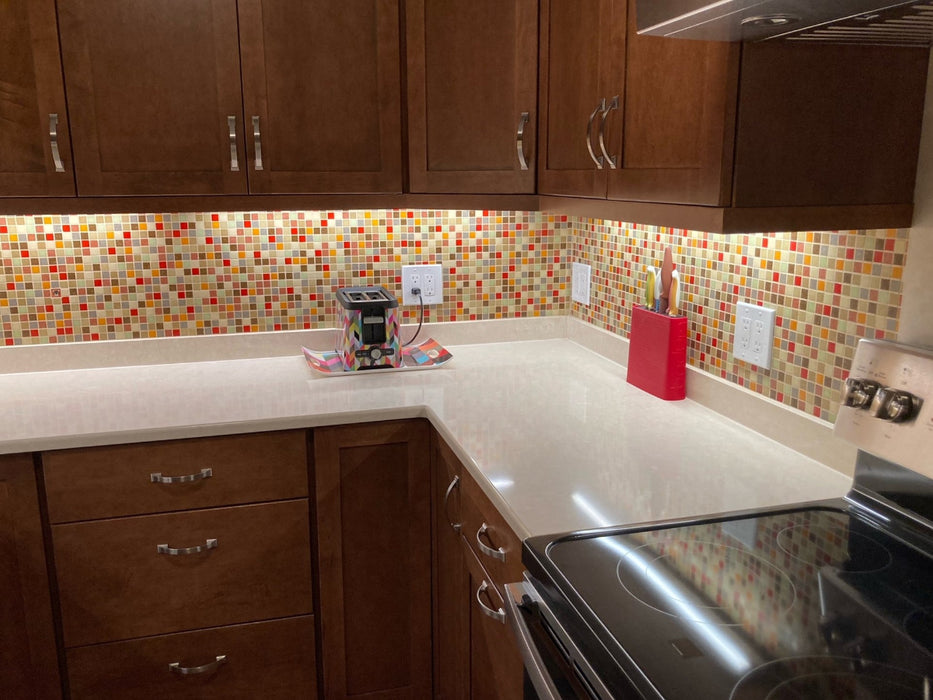 Modwalls Brio Custom Glass Mosaic Tile | Custom Blend | Pictured on a kitchen backsplash | Colorful Modern & Midcentury glass tile for kitchens, bathrooms, backsplashes, showers, pools & outdoors.
