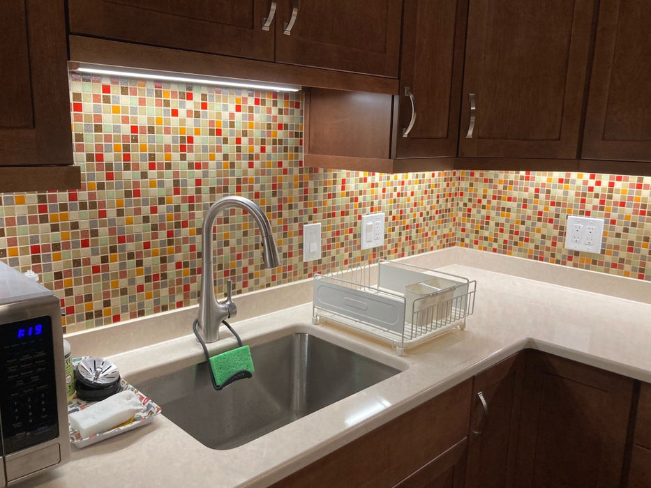 Modwalls Brio Custom Glass Mosaic Tile | Custom Blend | Pictured on a kitchen backsplash | Colorful Modern & Midcentury glass tile for kitchens, bathrooms, backsplashes, showers, pools & outdoors.