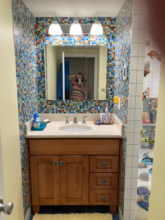 Modwalls Brio Custom Glass Mosaic Tile | Custom Blend | Pictured in a bathroom installation | Colorful Modern & Midcentury glass tile for kitchens, bathrooms, backsplashes, showers, pools & outdoors.