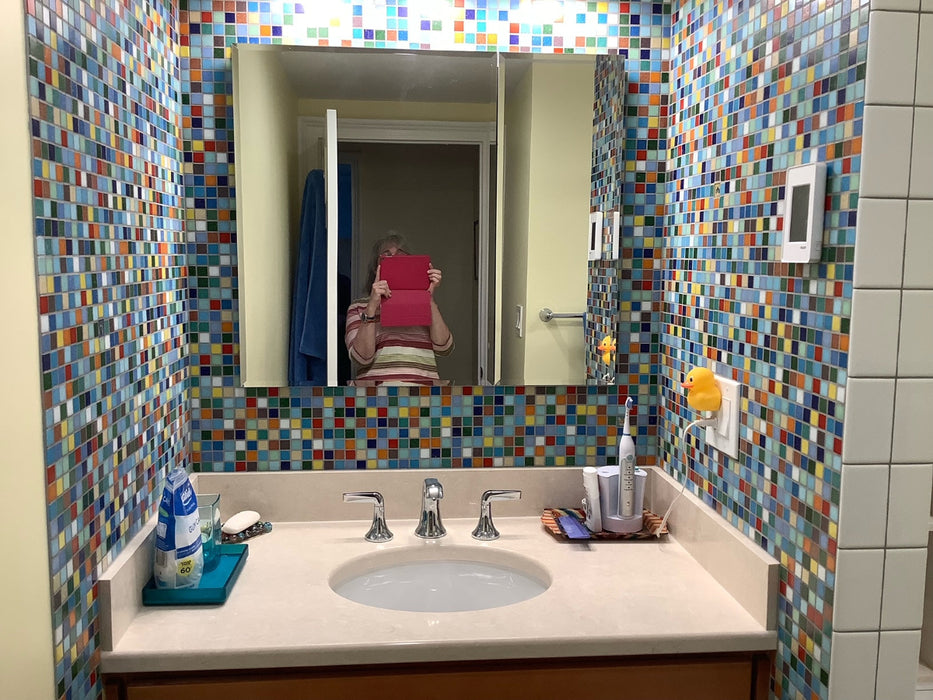 Modwalls Brio Custom Glass Mosaic Tile | Custom Blend | Pictured in a bathroom installation | Colorful Modern & Midcentury glass tile for kitchens, bathrooms, backsplashes, showers, pools & outdoors.