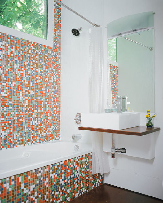 Modwalls Brio Custom Glass Mosaic Tile | Custom Blend | Pictured in a bathroom installation | Colorful Modern & Midcentury glass tile for kitchens, bathrooms, backsplashes, showers, pools & outdoors.