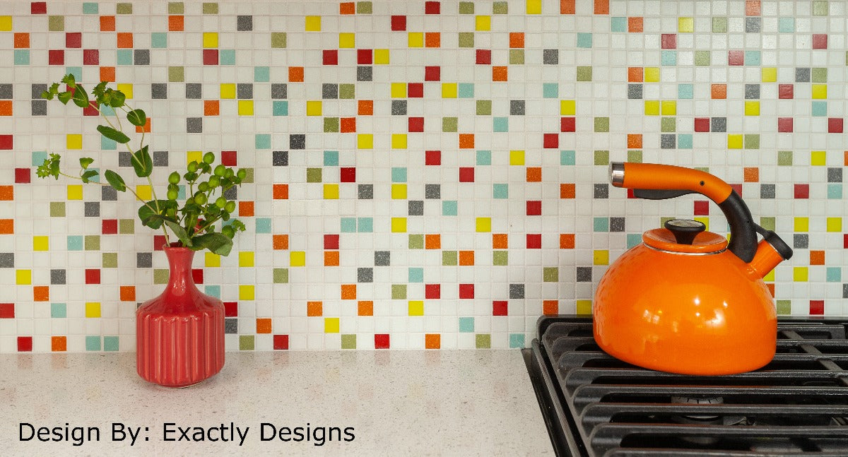 Modwalls Brio Custom Glass Mosaic Tile | Custom Blend | Pictured on a kitchen backsplash | Colorful Modern & Midcentury glass tile for kitchens, bathrooms, backsplashes, showers, pools & outdoors.