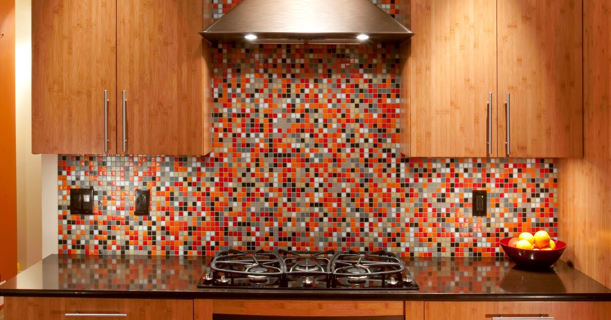 Modwalls Brio Custom Glass Mosaic Tile | Custom Blend | Pictured on a kitchen backsplash | Colorful Modern & Midcentury glass tile for kitchens, bathrooms, backsplashes, showers, pools & outdoors.