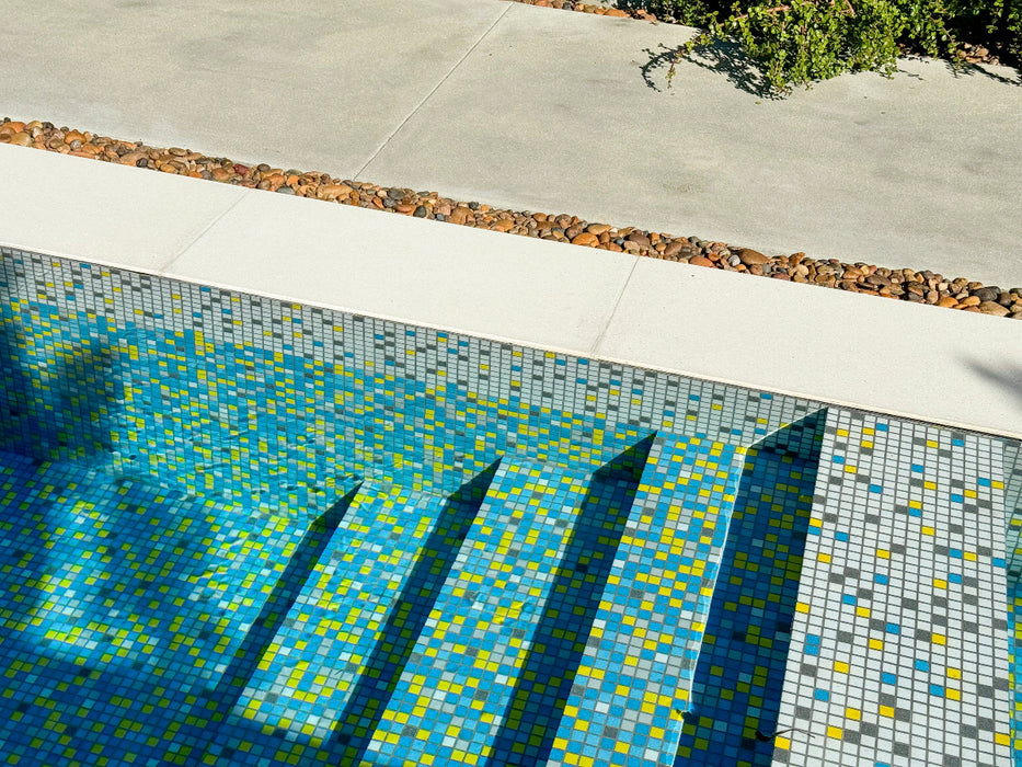 Modwalls Brio Custom Glass Mosaic Tile | Custom Blend | Pictured in a pool installation | Colorful Modern & Midcentury glass tile for kitchens, bathrooms, backsplashes, showers, pools & outdoors.