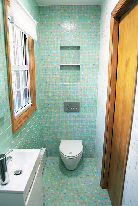 Modwalls Brio Custom Glass Mosaic Tile | Custom Blend | Pictured in a bathroom installation | Colorful Modern & Midcentury glass tile for kitchens, bathrooms, backsplashes, showers, pools & outdoors.
