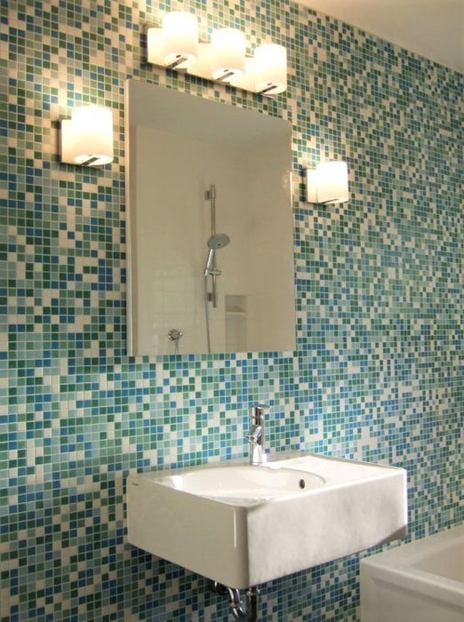 Modwalls Brio Glass Mosaic Tile | Fresh Blend | Pictured in a bathroom installation | Colorful Modern & Midcentury glass tile for kitchens, bathrooms, backsplashes, showers, pools & outdoors.