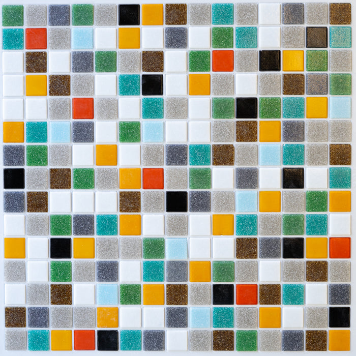 Modwalls Brio Glass Mosaic Tile | Highlands Blend | Multicolor blend of white, green, orange, red, black, and gray | Colorful Modern & Midcentury glass tile for kitchens, bathrooms, backsplashes, showers, floors, pools & outdoors.