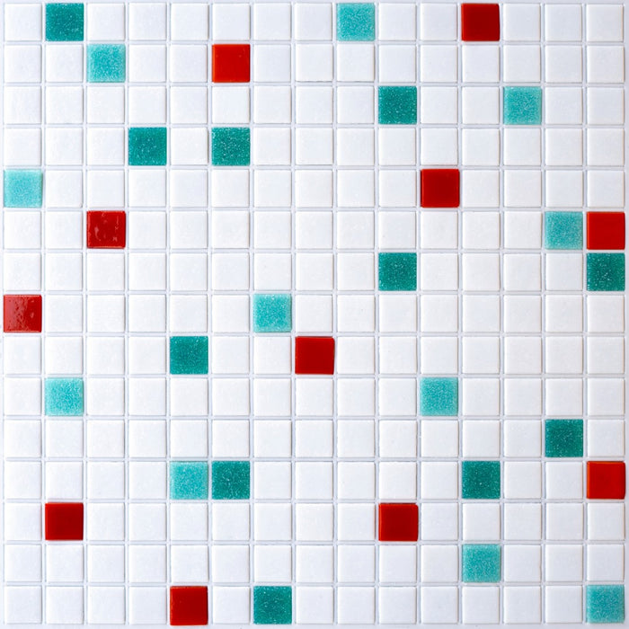 Modwalls Brio Glass Mosaic Tile | Key Largo Blend | Multicolor blend of white, red, and blue | Colorful Modern & Midcentury glass tile for kitchens, bathrooms, backsplashes, showers, floors, pools & outdoors.