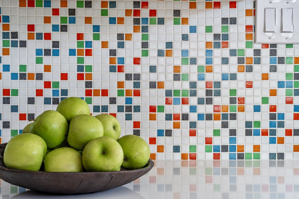 Modwalls Brio Glass Mosaic Tile | Logo Blend | Pictured on a kitchen backsplash | Colorful Modern & Midcentury glass tile for kitchens, bathrooms, backsplashes, showers, pools & outdoors.
