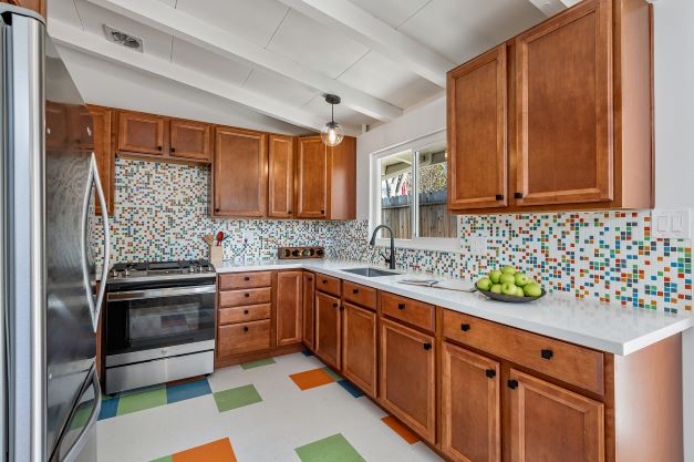 Modwalls Brio Glass Mosaic Tile | Logo Blend | Pictured on a kitchen backsplash |  Colorful Modern & Midcentury glass tile for kitchens, bathrooms, backsplashes, showers, pools & outdoors.