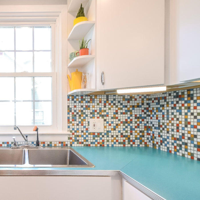 Modwalls Brio Glass Mosaic Tile | Logo Blend | Pictured on a kitchen backsplash | Colorful Modern & Midcentury glass tile for kitchens, bathrooms, backsplashes, showers, pools & outdoors.