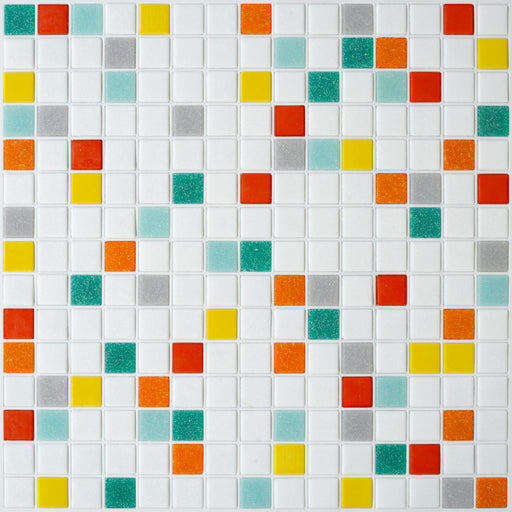 Modwalls Brio Glass Mosaic Tile | Miami Blend | Multicolor with white, orange, yellow, green and blue | Colorful Modern & Midcentury glass tile for kitchens, bathrooms, backsplashes, showers, floors, pools & outdoors.