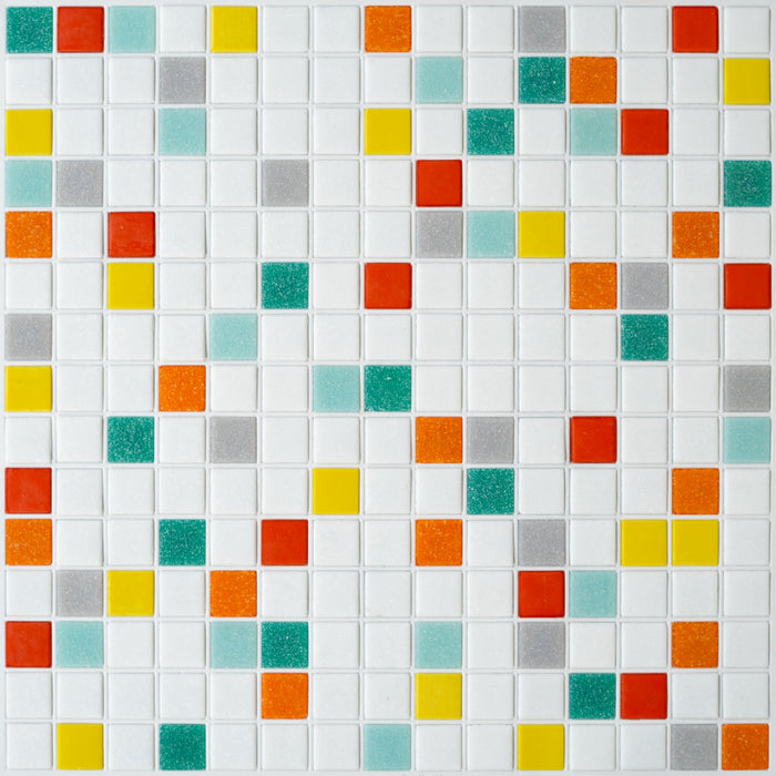 Modwalls Brio Glass Mosaic Tile | Miami Blend | Multicolor with white, orange, yellow, green and blue | Colorful Modern & Midcentury glass tile for kitchens, bathrooms, backsplashes, showers, floors, pools & outdoors.