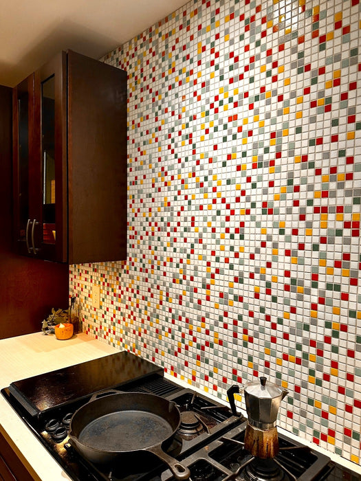 Modwalls Brio Glass Mosaic Tile | Miami Blend | Pictured on a kitchen backsplash | Colorful Modern & Midcentury glass tile for kitchens, bathrooms, backsplashes, showers, pools & outdoors.