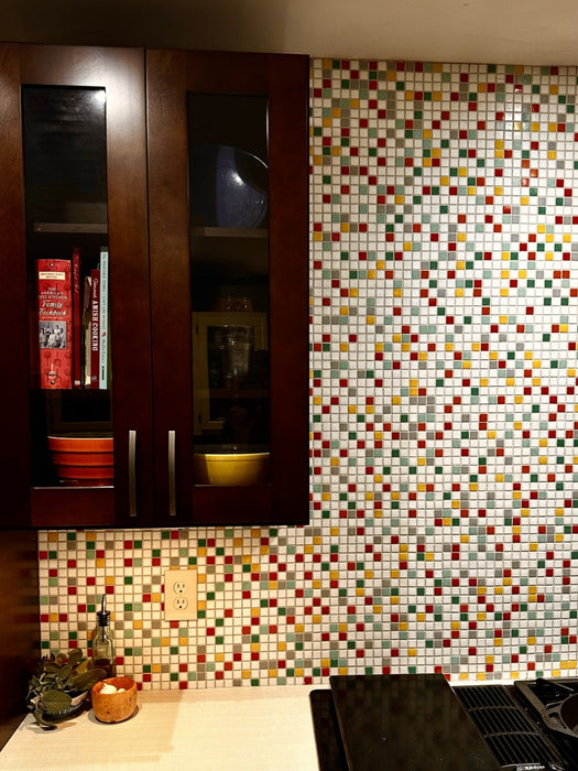Modwalls Brio Glass Mosaic Tile | Miami Blend | Pictured on a kitchen backsplash | Colorful Modern & Midcentury glass tile for kitchens, bathrooms, backsplashes, showers, pools & outdoors.