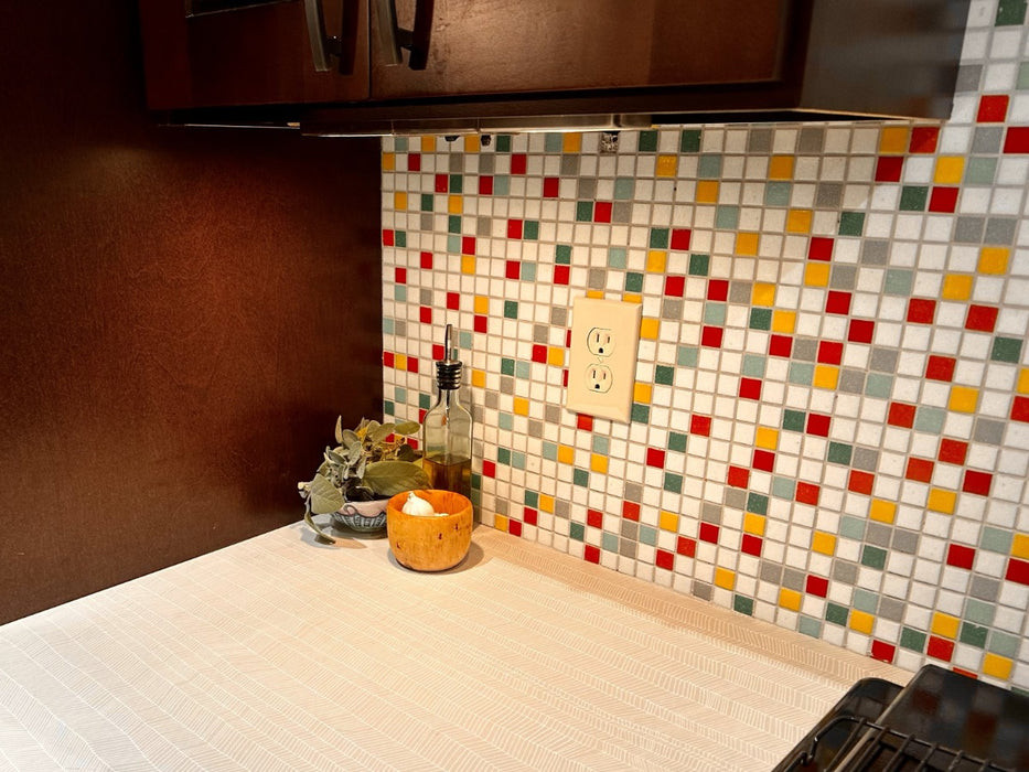 Modwalls Brio Glass Mosaic Tile | Miami Blend | Pictured on a kitchen backsplash | Colorful Modern & Midcentury glass tile for kitchens, bathrooms, backsplashes, showers, pools & outdoors.