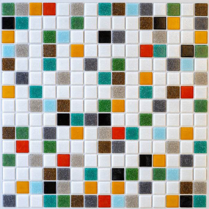 Modwalls Brio Glass Mosaic Tile | Midlands Blend | Multicolor blend of white, green, blue, orange, red, and gray | Colorful Modern & Midcentury glass tile for kitchens, bathrooms, backsplashes, showers, floors, pools & outdoors.
