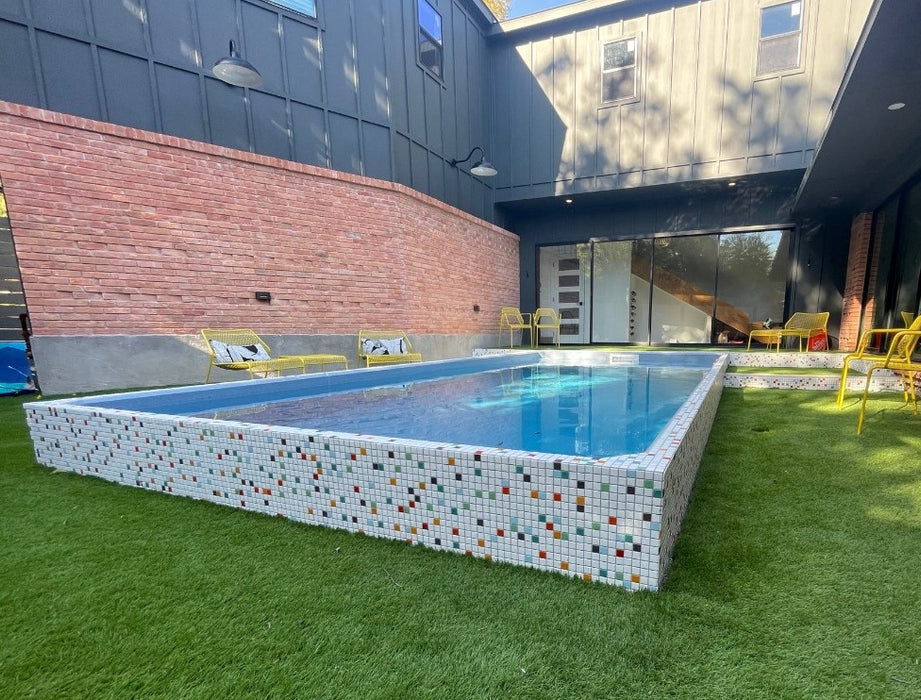 Modwalls Brio Glass Mosaic Tile | Palm Springs Blend | Pictured in a pool installation | Colorful Modern & Midcentury glass tile for kitchens, bathrooms, backsplashes, showers, pools & outdoors.