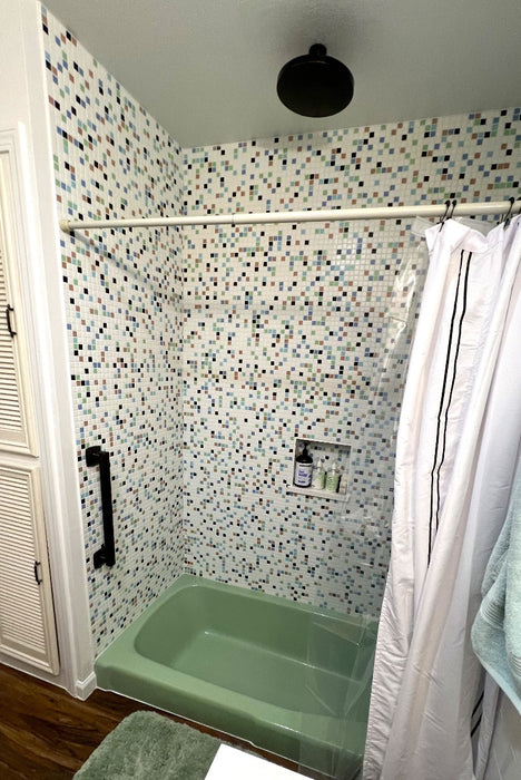 Modwalls Brio Glass Mosaic Tile | Sarasota Blend pictured in a shower | Colorful Modern & Midcentury glass tile for kitchens, bathrooms, backsplashes, showers, floors, pools & outdoors.