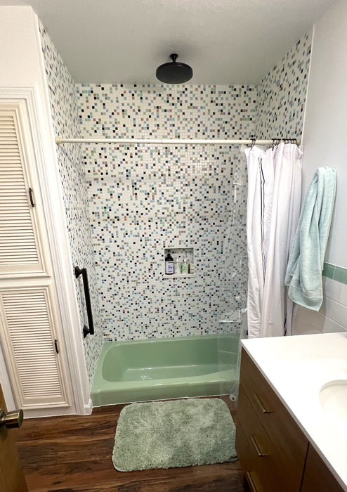 Modwalls Brio Glass Mosaic Tile | Sarasota Blend pictured in a shower | Colorful Modern & Midcentury glass tile for kitchens, bathrooms, backsplashes, showers, floors, pools & outdoors.