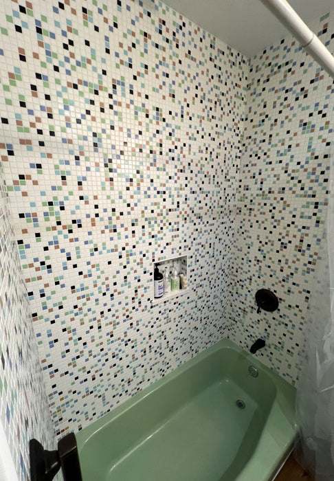 Modwalls Brio Glass Mosaic Tile | Sarasota Blend pictured in a shower | Colorful Modern & Midcentury glass tile for kitchens, bathrooms, backsplashes, showers, pools & outdoors.