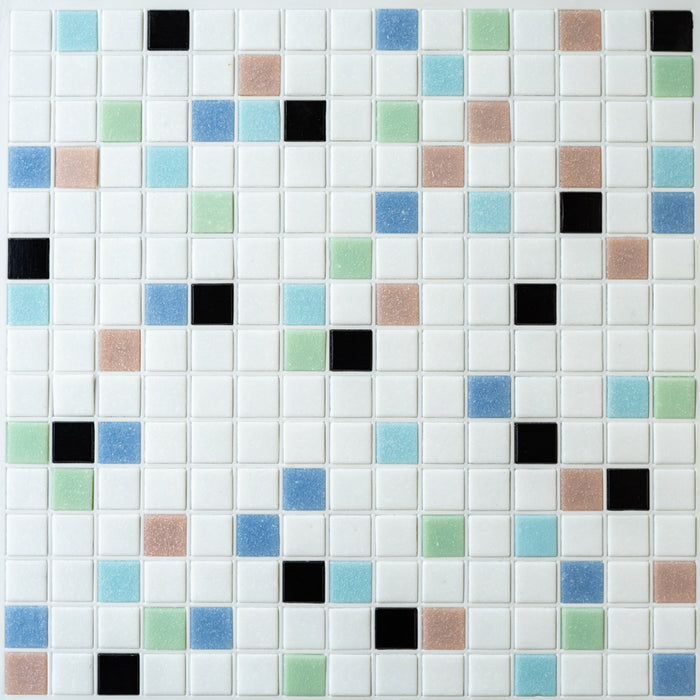 Modwalls Brio Glass Mosaic Tile | Sarasota Blend | Multicolor with pink, black, green, and blue | Colorful Modern & Midcentury glass tile for kitchens, bathrooms, backsplashes, showers, floors, pools & outdoors.