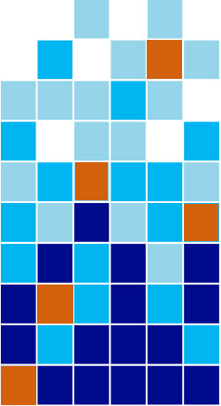 Sample of Modwalls Brio Glass Mosaic Gradient Tile | Summertime Gradient | Gradient of blue orange and white | Colorful Modern & Midcentury glass tile for kitchens, bathrooms, backsplashes, showers, pools & outdoors.
