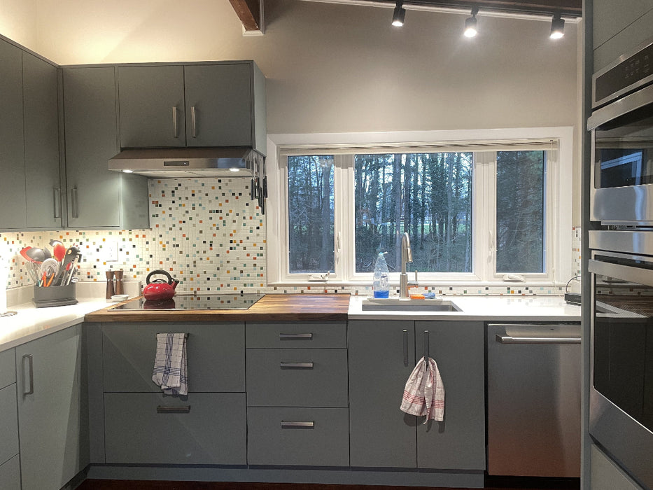 Modwalls Brio Glass Mosaic Tile | Atomic Blend | Pictured on a kitchen backsplash | Colorful Modern & Midcentury glass tile for kitchens, bathrooms, backsplashes, showers, pools & outdoors.