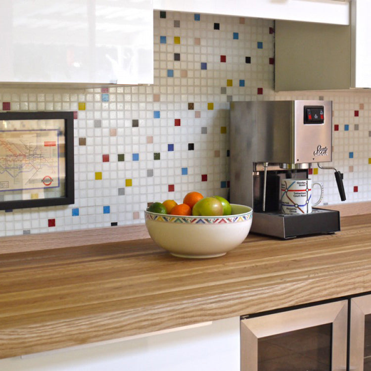 Brio Glass Mosaic Tile | Bayview Blend | This Colorful Midcentury Modern tile is perfect for bathrooms, Backsplashes, Kitchens, Pools & Floors and is customizable in 36 colors
