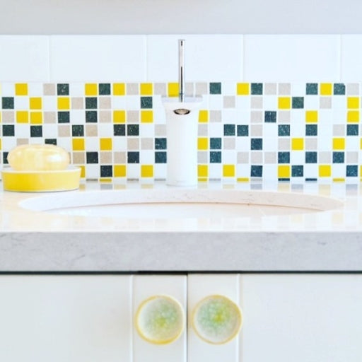Modwalls Brio Glass Mosaic Tile | City Sunshine Blend | Colorful Modern & Midcentury glass tile for kitchens, bathrooms, backsplashes, showers, floors, pools & outdoors.  White, yellow, gray and black tile.