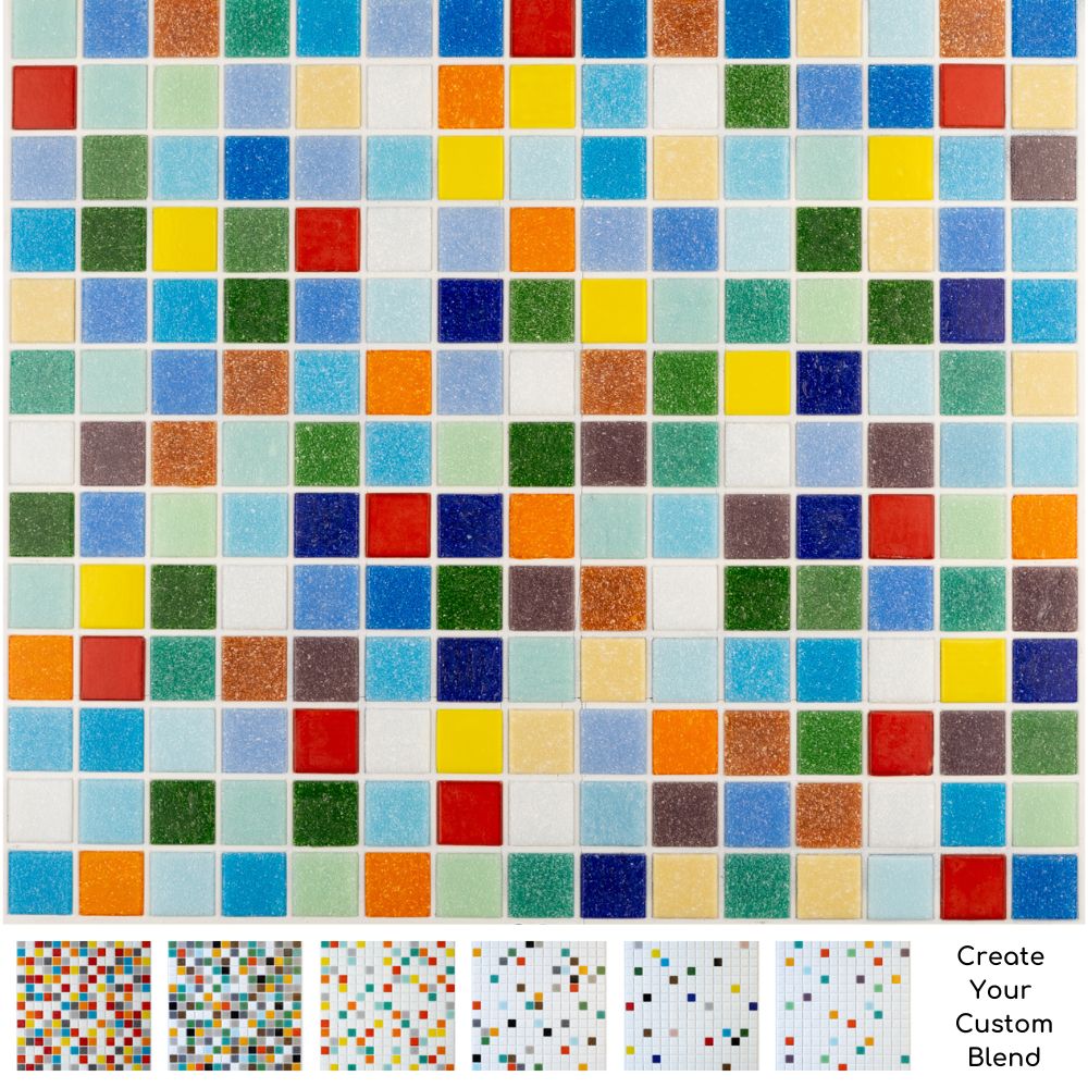 Customizable Brio Glass Mosaic Tile | Create your own custom tile color blend using our 36 color palette. Suitable for kitchens, bathrooms, outdoor applications, showers, backsplashes and pools. A great option for midcentury modern entheusiasts.