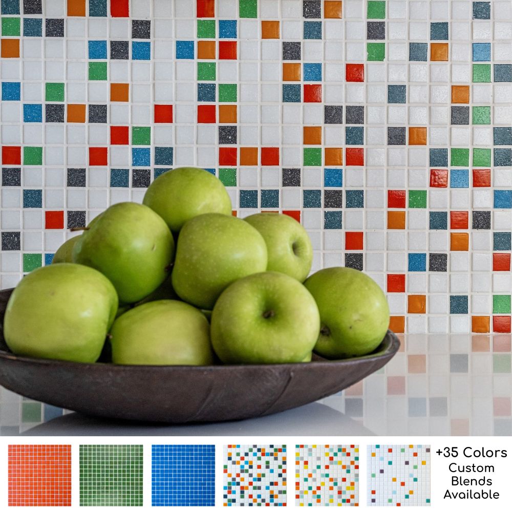 Brio Glass Mosaic Tile | Logo Blend : 3/4" textured glass tile for backsplash, kitchen, shower, bathroom, outdoor and pool. Available in our own color mixes, single colors or custom color mixes. Colors include blue, green, purple, yellow, orange, red, pink, teal, gray, black and white.