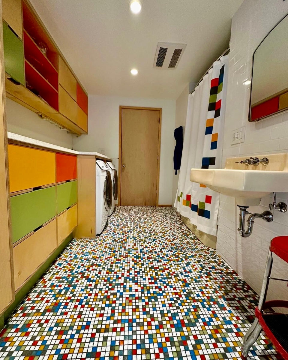 Brio Glass Mosaic Tile | Logo Blend | This Colorful Midcentury Modern tile is perfect for bathrooms, Backsplashes, Kitchens, Pools & Floors and is customizable in 36 colors
