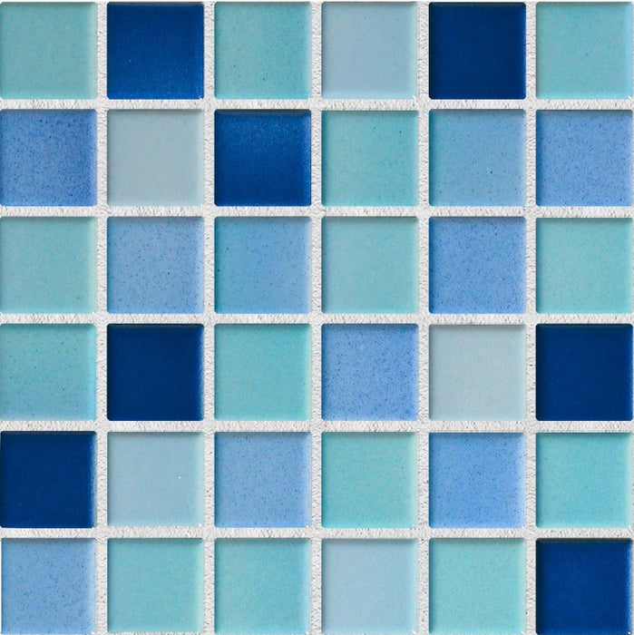 Sample of Modwalls Mediterranean Mosaic Porcelain Tile | Cannes Blend Gloss | Blue | Colorful Modern & Midcentury tile for bathrooms, kitchens, backsplashes, showers, floors, pools & outdoors.